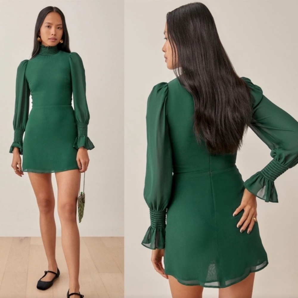 Reformation Archie Shirred Georgette Mini Dress in Emerald Green, Size 4